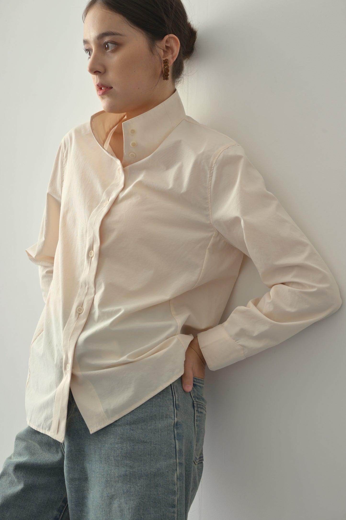 細節質感雙門襟立領恤衫 Chic Double Placket Stand Collar Shirt