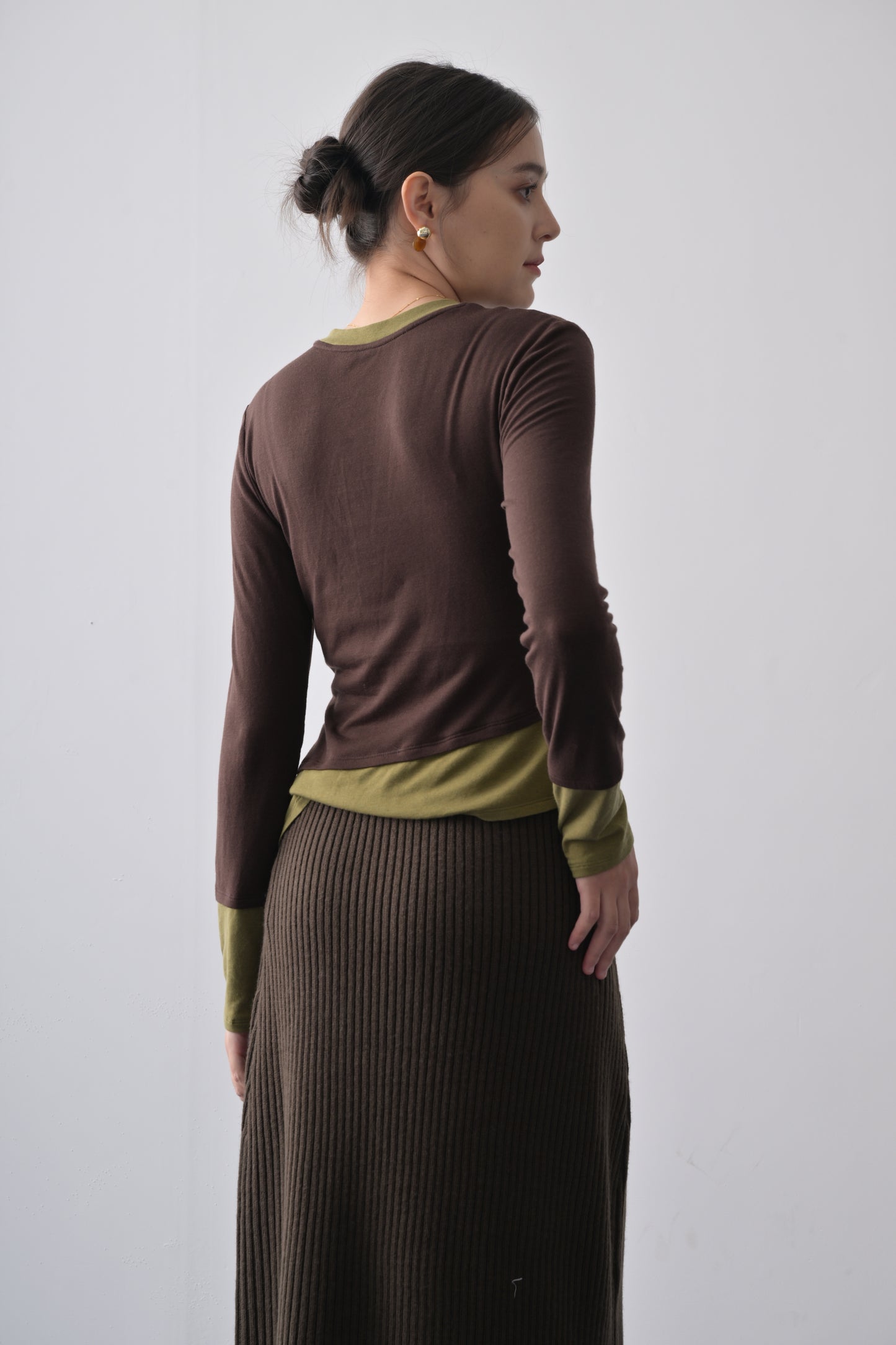 〔棕〕羊毛拼色針織套裝—背心+冷裙 〔Brown〕Wool-blend Contrast Rib-knit Co-ord, Vest+Midi Skirt