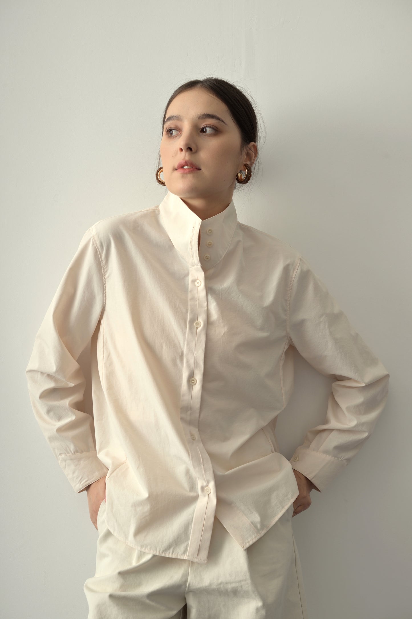 細節質感雙門襟立領恤衫  Chic Double Placket Stand Collar Shirt