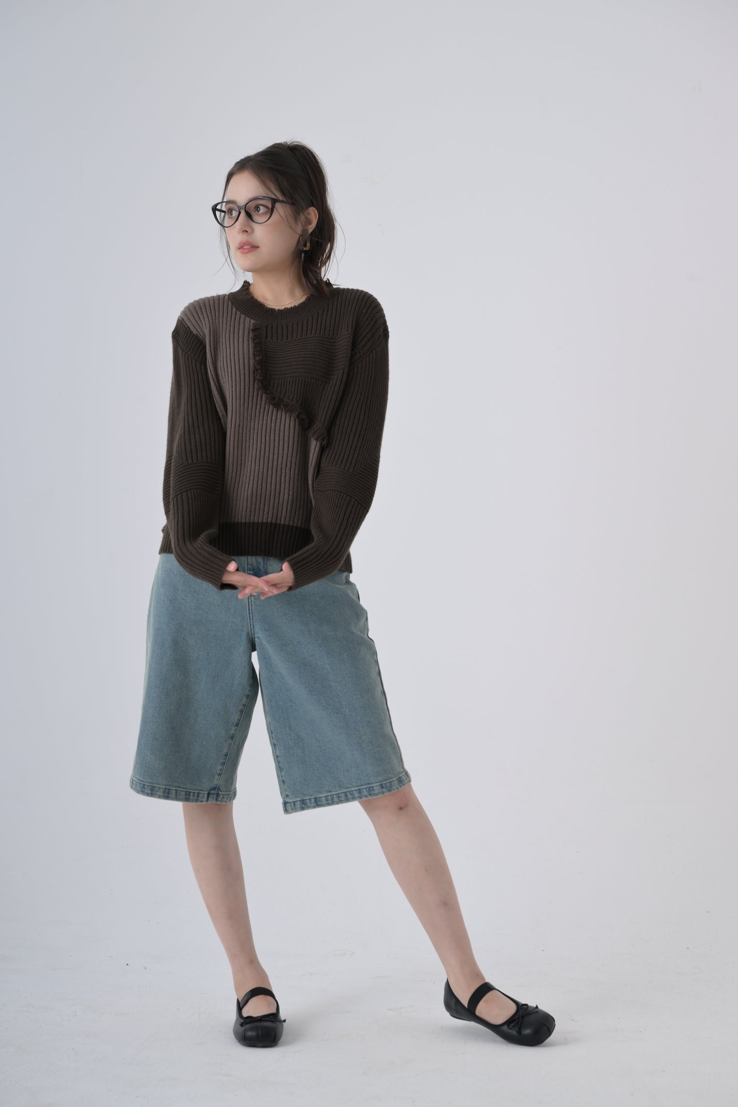 羊毛混紡不規則拼色冷衫  Wool-blend Fringed Contrast Rib-knit Jumper