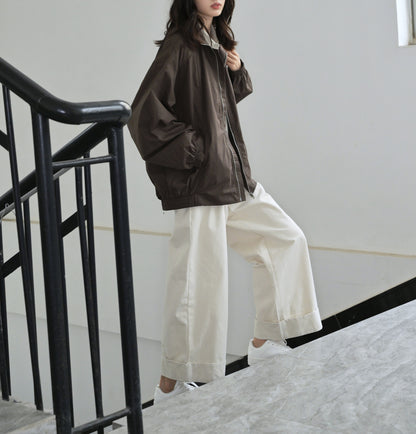 百搭純棉闊腿摺腳褲  Relaxed Wide-Leg Twill Trousers